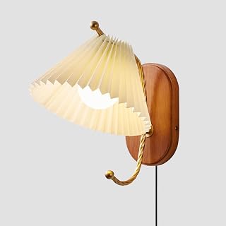 Medieval Bedside Wall Sconce d Indoor Wall Sconce with White Pleated Fabric Shade Retro Solid Wood Modern Retro Home Decor Lighting Fixture for Bedroom Living Room Hallway E27