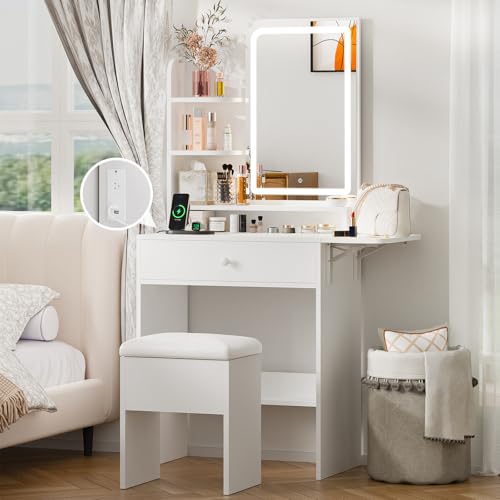 Haewon Small Vanity Desk with Mirror and Lights, White Makeup Vanity with Charging Station, Dressing...