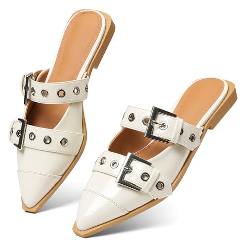 Buckle Flats for Women Pointy Toe Wide Welt Buckled Mules Low Block Heel Slippers Mary Jane Shoes Comfortable Ballerina Flats