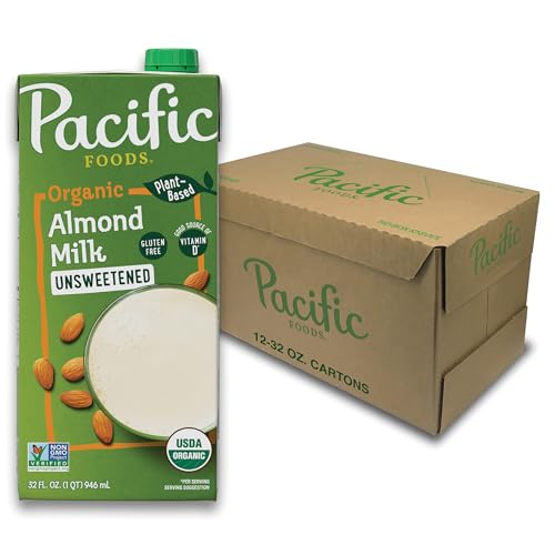 Pacific Foods Organic Unsweetened Almond Milk, Plant Based Milk, 32 oz Carton (12 Pack)
