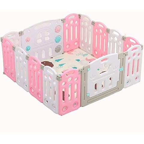 AELEGASN Baby Playpen 14 Panel Foldable Fence Activity Center Safety Playard with Lock Door,with Games Station Small Panels Kid's Fence Indoor Outdoor for Boys Girls Babies,Pink Cover