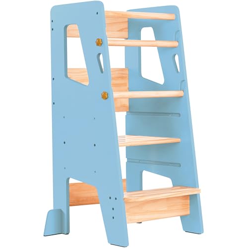 Image of OCODILE Toddler Standing Tower - Adjustable Height Toddler Kitchen Stool Helper - Ideal Kids Kitchen Step Stool for Learning New Skills - Updated Design with Safety Feet - Blue