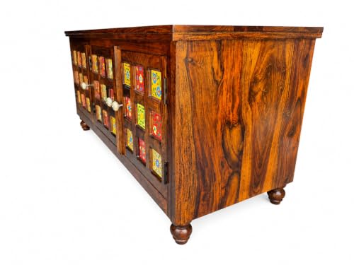Image of Sheesham Wood TV Unit Cabinet with Handcrafted Ceramic Tile Doors | Natural Finish | 3 Door TV Console Entertainment Center | Storage Cabinet for Living Room (57 x 18 x 23 Inches)