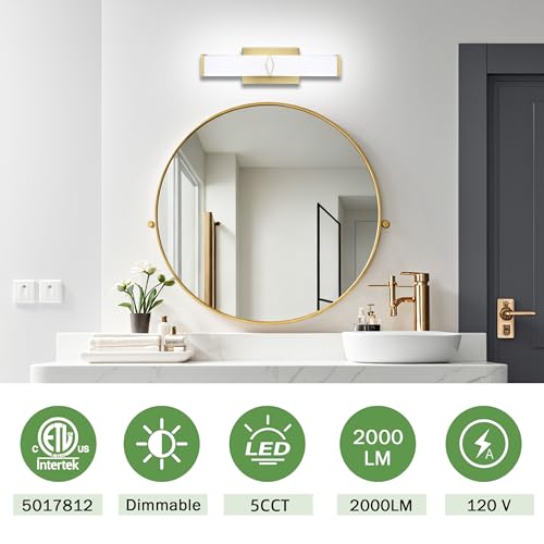 Image of 16 Inch Bathroom Vanity Light 2000LM, AC 120V 5CCT Modern Bathroom Lighting Fixtures Over Mirror Dimmable, 20W Gold LED Vanity Lighting Fixtures Wall Sconce ETL Certified, 1Pack