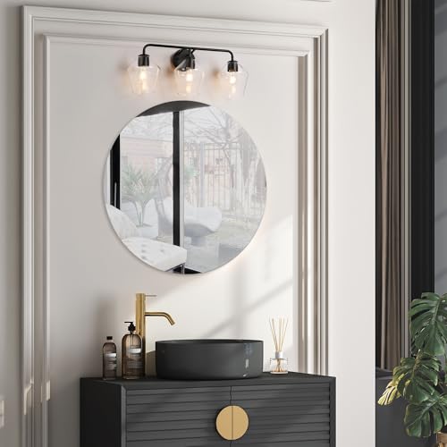 Image of KSANA Bathroom Light Fixture, Modern Black Vanity Lights Over Mirror 3 Light Bathroom Lighting with Clear Glass