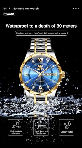 Image of OPK Watches for Men Diamond Roman Analog Mens Watches Waterproof Large Stainless Steel Men Wrist Watch Business Father Gift Watch Blue