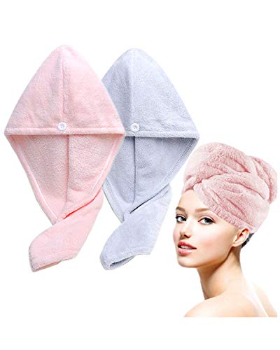 Hair Towel Wrap, [2 Pack] Microfiber Quick Dry Hair Turban Wrap - Super Absorbent,Microfiber Hair Towel with Button,Quick Dry Hair Towel for Women,Hair Turbans for Wet Hair,Wrapped Bath Cap(Pink Blue)