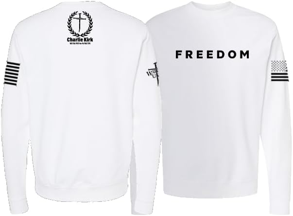 Charlie Kirk Freedom Memorial Sweatshirt - White, Cotton Blend, American Made, Regular Fit