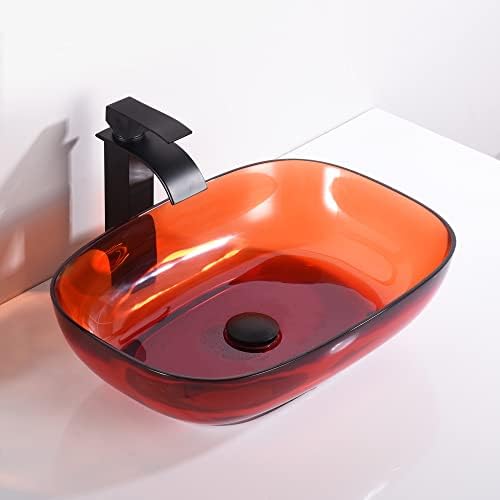 Bathroom Oval Resin Vessel,HEISOK 20.27" x 14.17" Red Vessel Sink Above Counter Artistic Vanity Sink Translucent Bathroom Sink,Waterfall Single Hole Faucet with Pop-up Drain