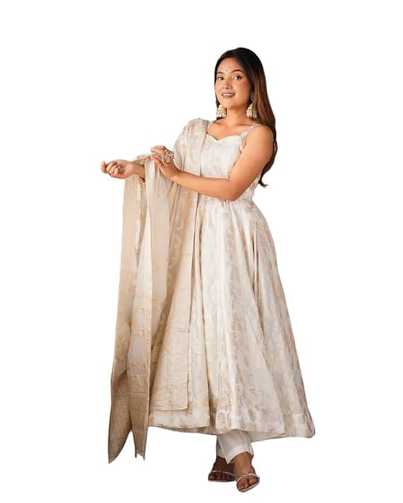 Women Banarasi Jacquard Anarkali Gown Set with Dupatta & Pant Fully Flared Kali Pattern Ethnic Gown Style Kurti Set-image-28