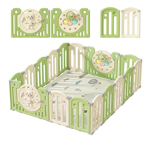 Zkipm Parco Bebe Pieghevole Parco Bebe Legno Con Tappetino da gioco, Parchi Bambini Modulare, Blocco di Sicurezza, Forma Regolabile, Stoccaggio Pieghevole, Antiscivolo, Barriere Bebe (12/14/16Pannelli