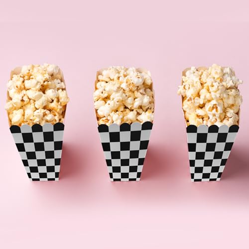 Image of 50 Pcs Checkered Popcorn Boxes Mini Paper Popcorn Bags for Race Car Party for Movie Nights Birthday Wedding (Black Checkered)