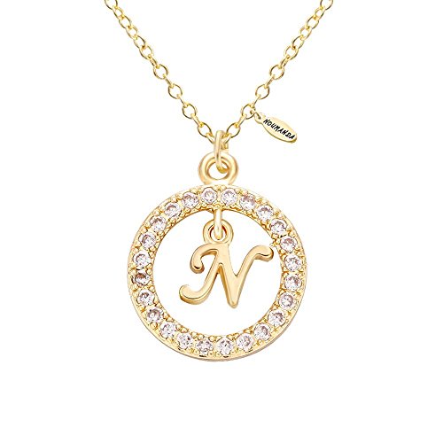 NOUMANDA Shiny Zircon 26 Alphabet English Letters Golden Initial Disc Charms Necklace (N)