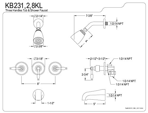 Faucet para bañera y ducha Kingston Brass KB231KL, alcance de pico de 5 pulgadas, Cromo pulido miniatura 2