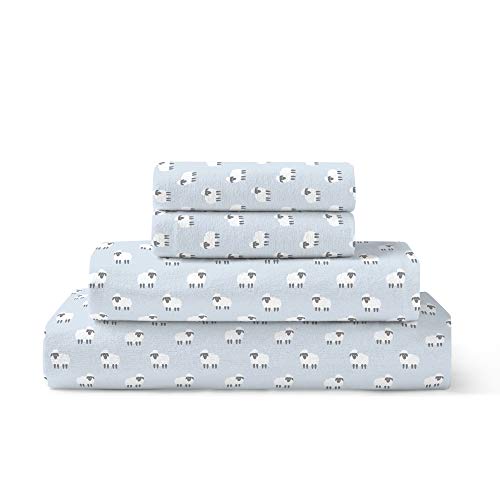 Brielle Home Flannel Sheet Set Cotton Soft Warm & Cozy Modern Chic with Elastic Deep Pockets, Twin, Sheep Light Blue