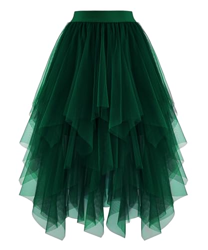 Ellames Womens Tulle Skirts High Low Layered Puffy Fairy Skirts Midi Length Irregular Tutu Skirt Dark Green Medium