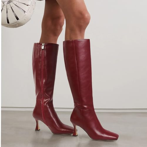 Image of Dsevht Black Leather Knee High Boots for Women Stiletto Kitten Heeled Sexy Boots Square Toe and Side Zipper Design Fashion Dress Boots