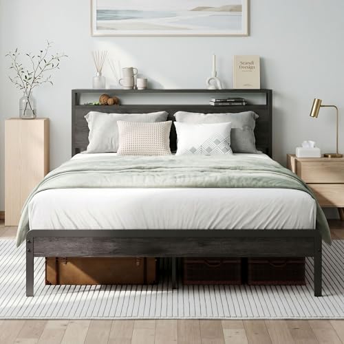 Image of LIKIMIO Full Bed Frame with Headboard, Dark Wood Camas Full with Strong Supports, Sturdy, Noise-Free, No Box Spring Needed, Grey