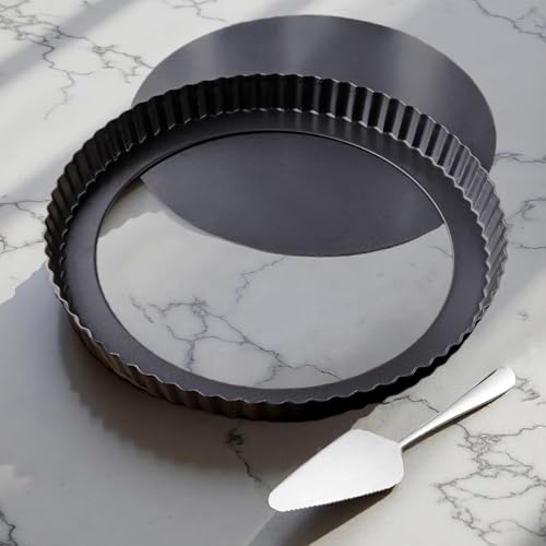 Yamteck 10 Inch Round Quiche Pans with Pie Server. Removable Bottom Non-Stick Coating Rugged Carbon Steel for Tart Quiche Pie Cake Baking. Gift for Women Wife Christmas Thanksgiving Party Festival
