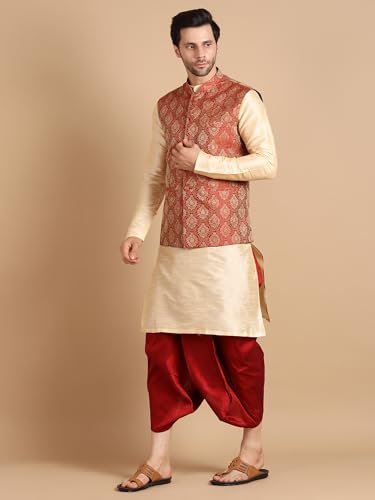 Image of Men's Silk Blend Solid Kurta Dhoti Set with Designer Ethnic Nehru Jacket