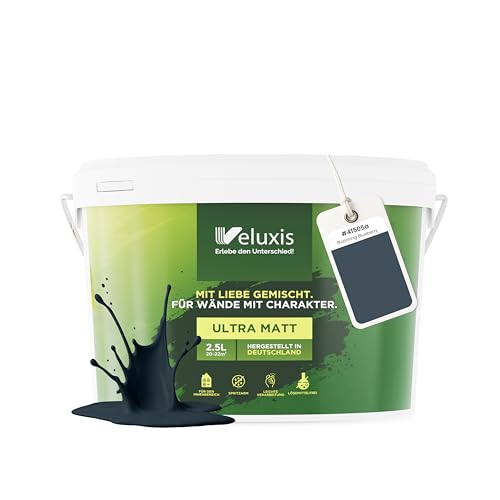 Veluxis® Wandfarbe Blau für den Innenraum - 2,5 Liter & Deckkraft-Klasse 1, Streifenfrei, tropfarm & Öko Farbe, VOC-frei - (Blooming Blueberry)