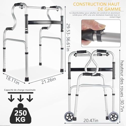 Andador andador con asiento plegable – Ayuda de movilidad de altura ajustable para personas mayores, marco de aluminio ligero, estabilidad mejorada para mayor seguridad y comodidad