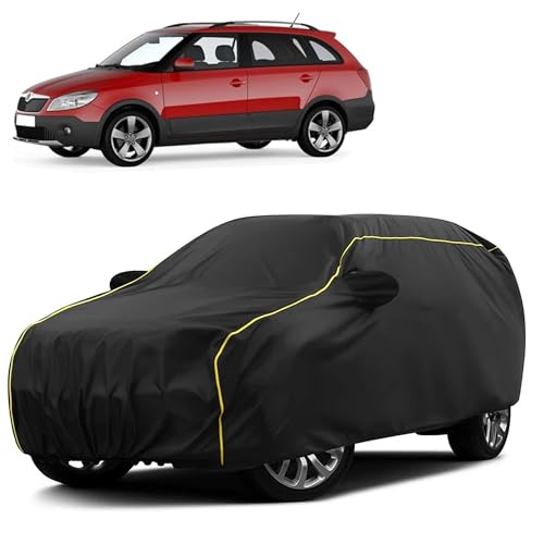 Image of Sulfar 100% Water Resistant Car Body Cover Compatible with Mirror for Skoda Fabia Scout (Triple Stitched, Full Bottom Elastic, Black Taffeta with Yellow Piping)
