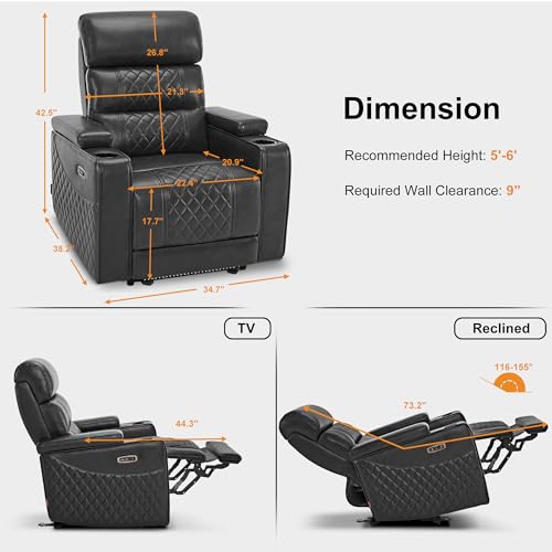 MCombo Power Recliner Chair with Adjustable Headrest, Home Theater Seating with USB & Type-C Port, Armrest Storage & LED Light HTS432 (Grey)