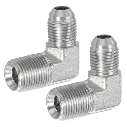 Image of PATIKIL 90 Degree Pipe Adapter, 2 Pcs 9 /16 inch Male 37 Flare JIC x 3 /8 inch BSPT Male Connector Carbon Steel Elbow Fitting for Air Hydraulic Fluid Fuel Water Oil, Silver