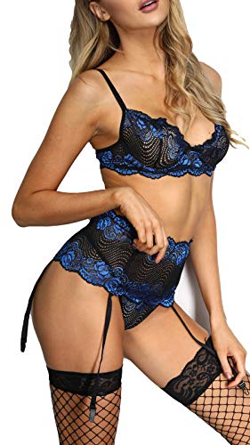 Lingerie Sets，Babydoll Bodysuit， Bralette Teddy， Sexy Lace，Garter Lingerie Set ，Lingerie Three-Piece，G-String(Peacock Blue, L)