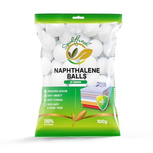 Image of SOULFRESH Naphthalene Balls White Kapoor Goli Stain-Free Insect Repellant Mothballs Sanitary Cubes for Commercial Use Cloth Wardrobe, Almirah, Bookshelves, & Drawers- 100g Pack of 10 (Total 1000gm)