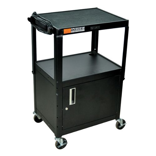 Steel Utility Cart with Three Flat Shelves and Cabinet, 15-ft US Plug, Gray