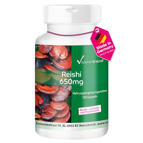 Vitamintrend Reishi Pulver 650mg, 120 Kapseln, hochdosiert, Nahrungsergänzungsmittel vegan ohne Magnesiumstearat, in Deutschland hergestellt