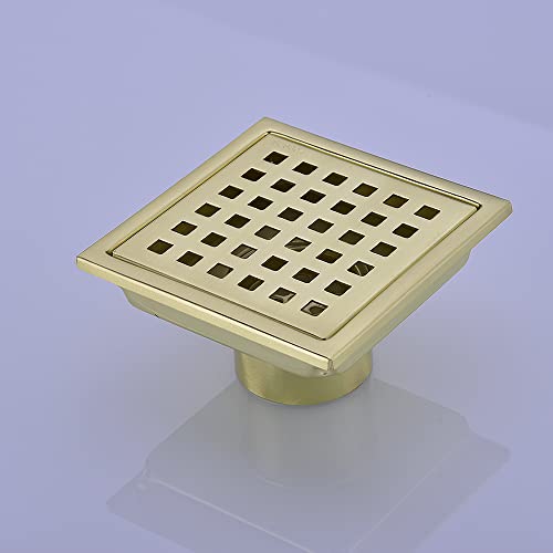 Square Shower Drain 4 Inch, Nicmondo Floor Waste Drain Point Center With Removable Grate Cover, 304 Stainless Steel, 11Cm X 11Cm, Pvd Brushed Gold #TOP4