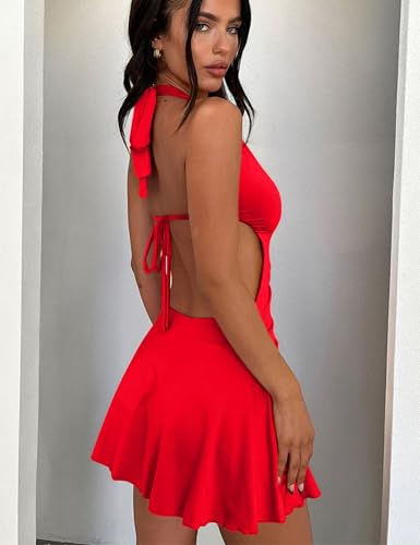 Image of BEAGIMEG Women's Sexy Sleeveless Halter Backless Deep V Party Cocktail Club Mini Dress