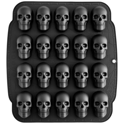 NiHome 20 Cavities Silicone Skull Mold for Baking Chocolates Making, 3D Skull Mold for Cakes, Ice Cubes, Halloween Silicone Molds Black, Food-Grade Nonstick Pan for Party, Oven Freezer Dishwasher Safe