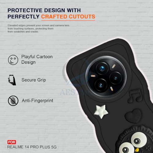Image of AESTMO Back Case Cover for Realme 14 Pro Plus 5G | 3D Cute Fun Cartoon Characters | Anti Slip Grip Cute Wave Curly Frame Shape | Back Cover for Realme 14 Pro Plus 5G | (Black)