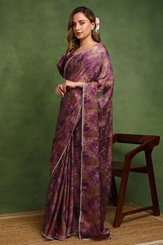 Image of MIRCHI FASHION Saree for Woman Chiffon Colorblock with Foil Work | Shimmer Festive Women's Sari for Wedding Functions and Ceremonies