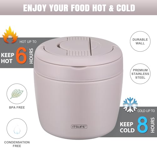 Image of Itslife 32oz Insulated Soup Thermo, Vacuum Stainless Steel Food Jar for Hot & Cold Food, Leakproof Wide Mouth Lunch Container with Spoon, Light Purple