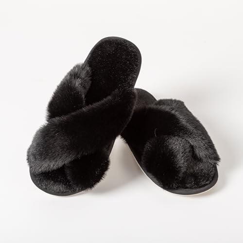 Image of Enteer Women's Slipper Memory Foam Cross Band Fuzzy Slippers Open Toe Cozy House Slippers Cozy Plush Bedroom Indoor Outdoor