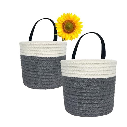 SOQKEEN Cestas Almacenaje Baño, 15,2 x 15,2 cm Cesta Mimbre Algodón 2 Piezas Cestas Almacenaje Decorativas Cestos Colgantes Pequeños para el Baño, Almacenamiento, Plantas, Cocina (Gris)