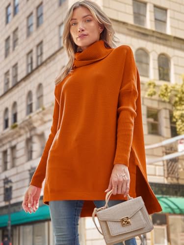 Image of LILLUSORY Women's Turtleneck Oversized Sweaters Long Batwing Sleeve Spilt Hem Tunic Pullover Knit Tops