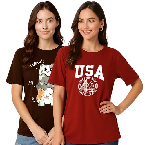 Image of My Swag Womens Graphic T-Shirt Pack of 2, Cotton Casual, Gym, Daily Summer Wear