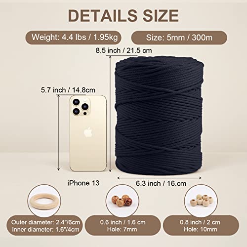 Image of ZUEXT Macrame Cord, Navy, 5mm x 328yds Cotton String Macrame Yarn | Natural Handmade, 4 Strands Twisted Cotton Rope, for Craft Wall Hanging Weaving Tapestry Dream Catchers Hanger DIY Gift, 300m