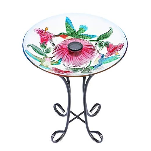 MUMTOP Outdoor Glass Birdbath Solar Birdbaths with Metal Stand for Lawn Yard Garden Hummingbird Decor,18” Dia21.65 Height
