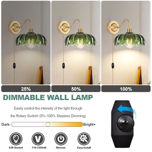 Image of ZECOXOL Vintage Plug in Wall Sconces Set of Two,Dimmable Wall Sconces Lamp with Plug in Cord & Flower Glass Lampshade,Gold Sconces Wall Decor Set of 2 Plug in Wall Lights Sconces for Bedroom