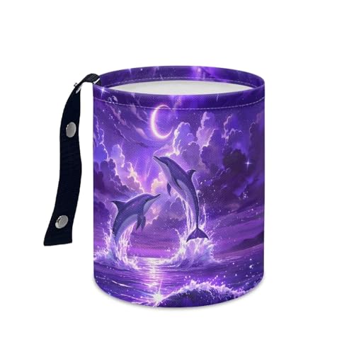 Image of Dolphin Moon Car Trash Can Reusable Foldable Cute Hanging Portable Dustbin Bin Waste Basket Car Accessories Interior for Car SUV Trucks Universal