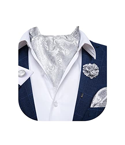 Image of DiBanGu Mens Silk Ascot Ties Paisley Jacquard Woven Cravat and Pocket Square Cufflinks with Lapel Pin for Business Wedding