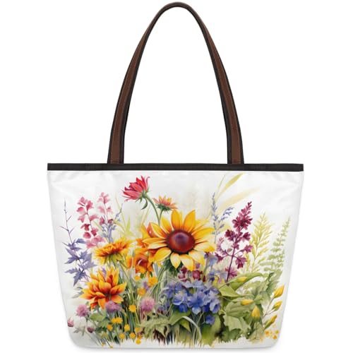 Watercolour Flower Tote Bag Multi Pocket Zippered Beach Bag Lightweight Waterproof Handbag for Women Men Work Gym Travel Swimming Yoga Grocery Shopping M