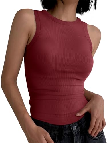 Image of ANRABESS Womens Sleeveless High Neck Tank Tops Fashion Summer Casual Basic Slim Fit Ribbed Racerback Top Shirt Clothes